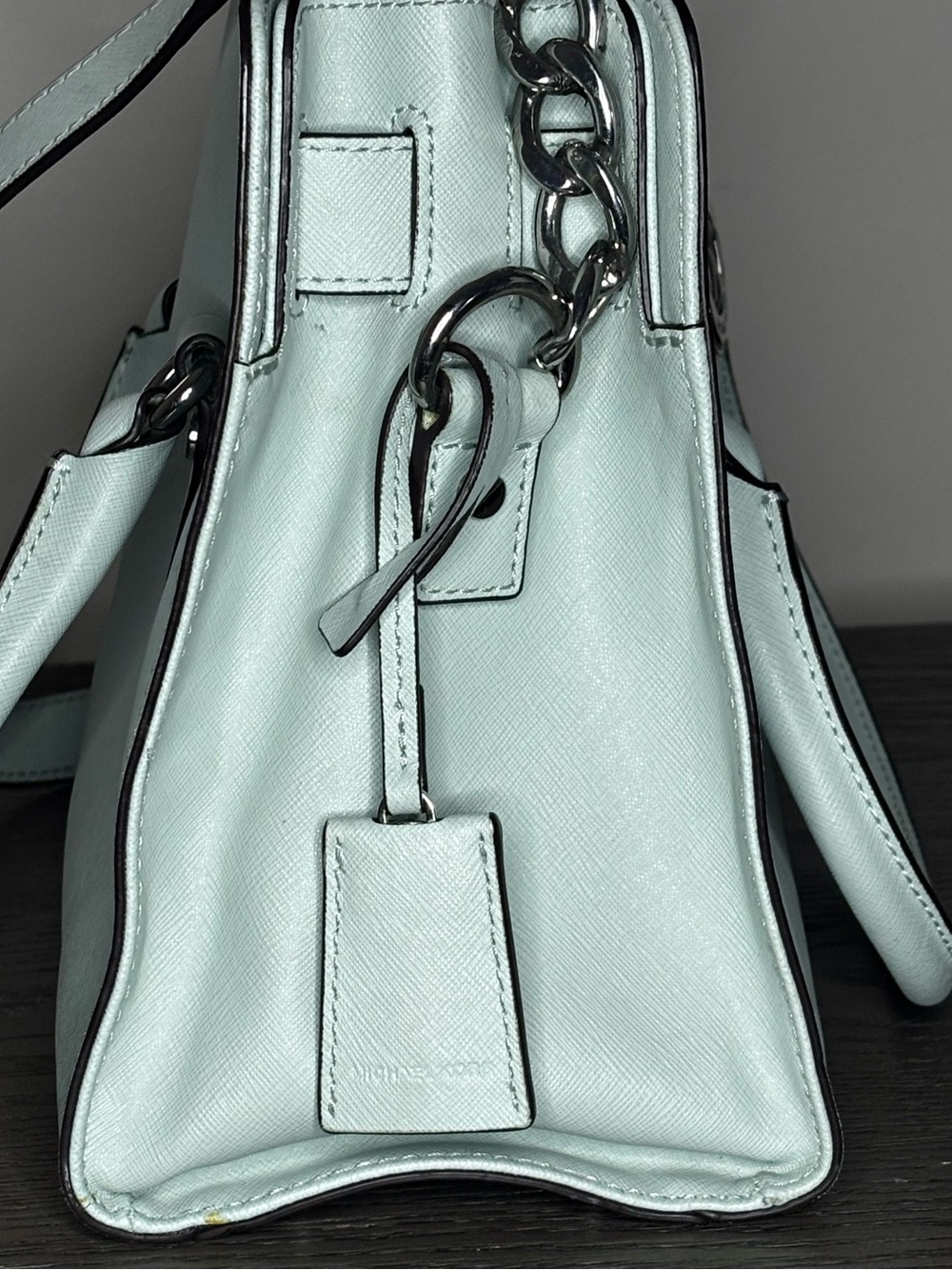 Michael Kors Hamilton Mint Green Saffiano Leather Satchel Tote Silver Lock Bag - Picture 7 of 16